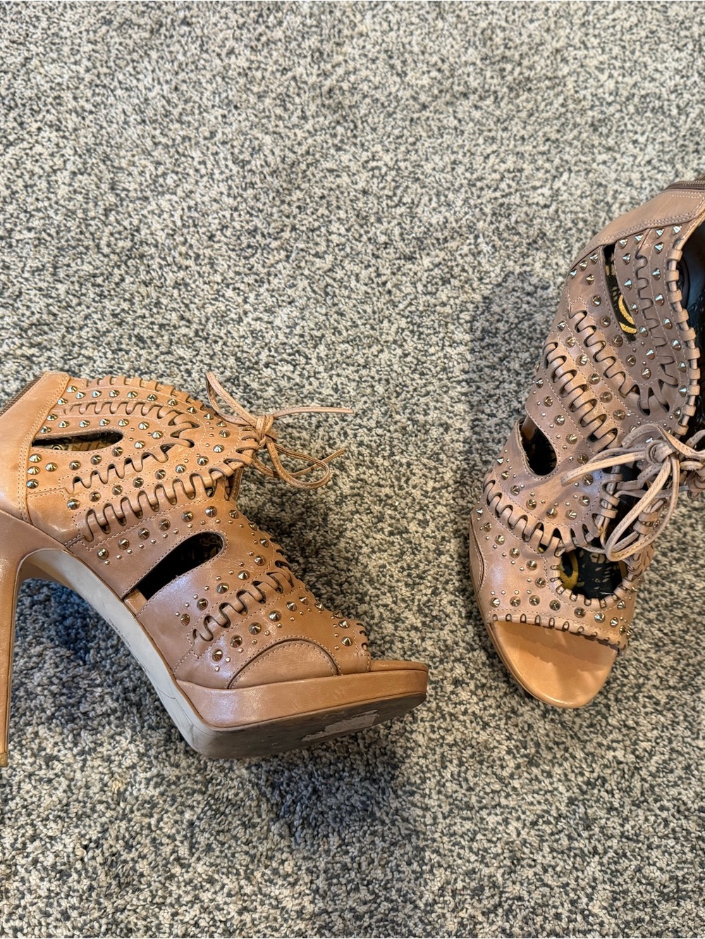 Sam Edelman Tan Lace-Up Cutout Studded High-Heel Sandals - Picture 2 of 5